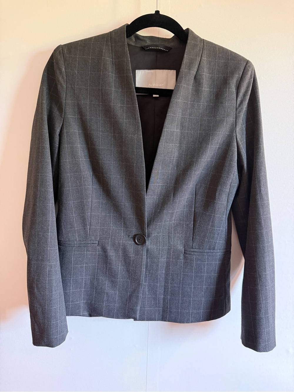 InWear Gray Windowpane One-Button Career Blazer Size 6 Minimalist